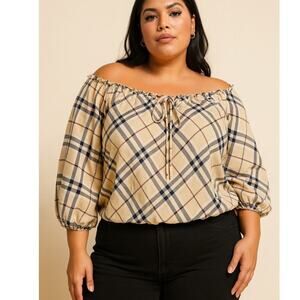 Blue Diamond blouse Plus SZ Novachek print lightweight ruched neck elastic waist